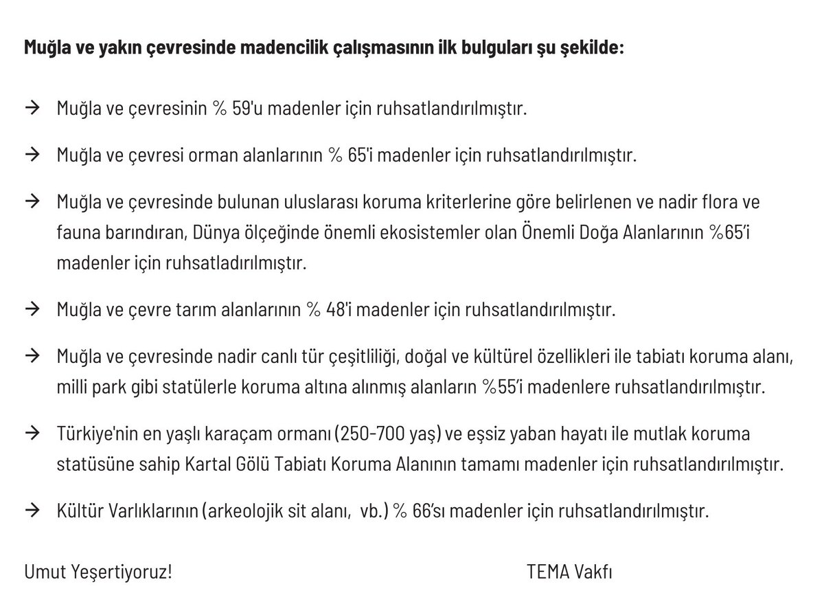 Kamuoyunu yanıltıcı nitelikte açık bir dezenformasyon olarak nitelenen "Muğla ormanları ve topraklarındaki maden ruhsatları” ile ilgili açıklamam; kurulduğu 1992 yıldan beri ülkemizin ve dünyanın en güvenilir, en saygın kurumlarından biri olarak tanınan TEMA VAKFI’nın, 5 yıl