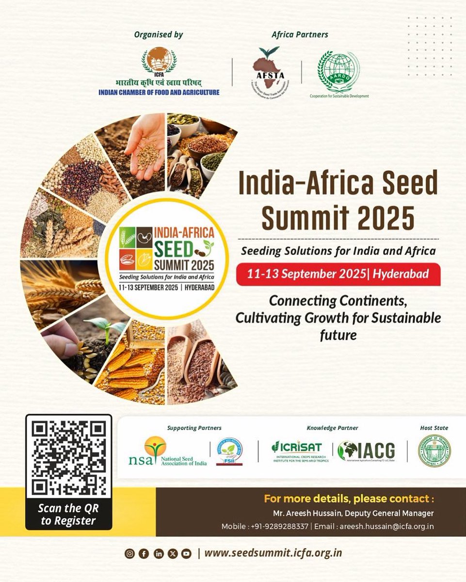 🚨 Save the Date!
🌱 India-Africa Seed Summit 2025
📍 Hyderabad | 📅 11–13 Sept
A global platform to boost seed innovation, trade, &amp; partnerships between India &amp; Africa.
Register: seedsummit.icfa.org.in
#SeedSummit2025 #ICFA #AgriInnovation