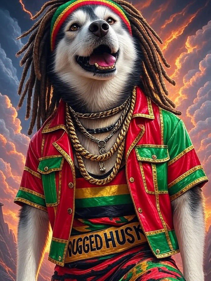 Behold the wild world of Dogechain, where the “Drugged Huskies” reign supreme! 🐶💨 

Picture this: a pack of Rastafarian Huskies, decked out in red, gold, and green dreads, stumbling through the blockchain like they’ve had one too many $DOGE treats. 😄 

These woozy woofers are
