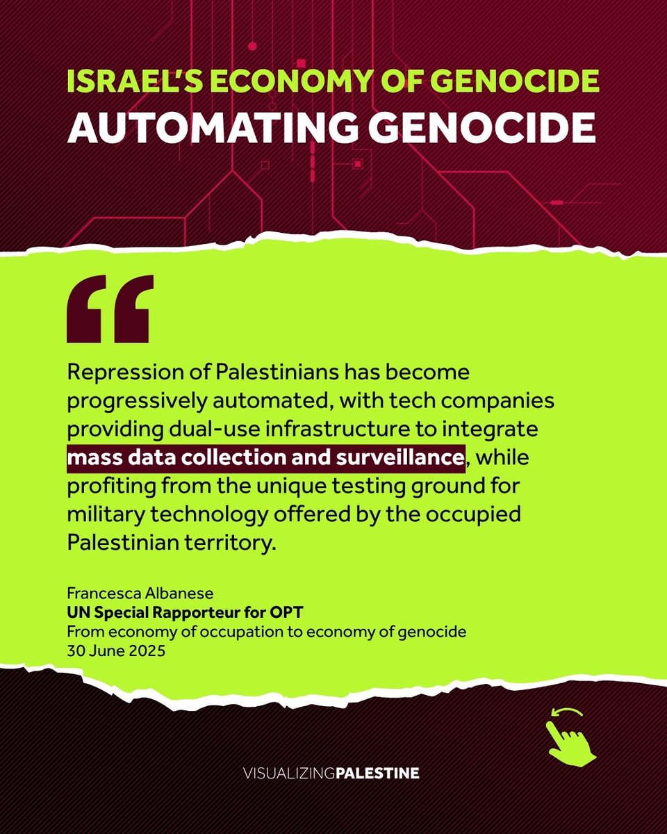 visualizingpal's tweet image. We continue highlighting the findings from @FranceskAlbs&apos; recent report, &quot;From economy of occupation to economy of genocide&quot;. 

Visit StopKillerAI to learn how Israel uses data from mass surveillance of Palestinians to create “killing machines.” 
stopkiller.ai
