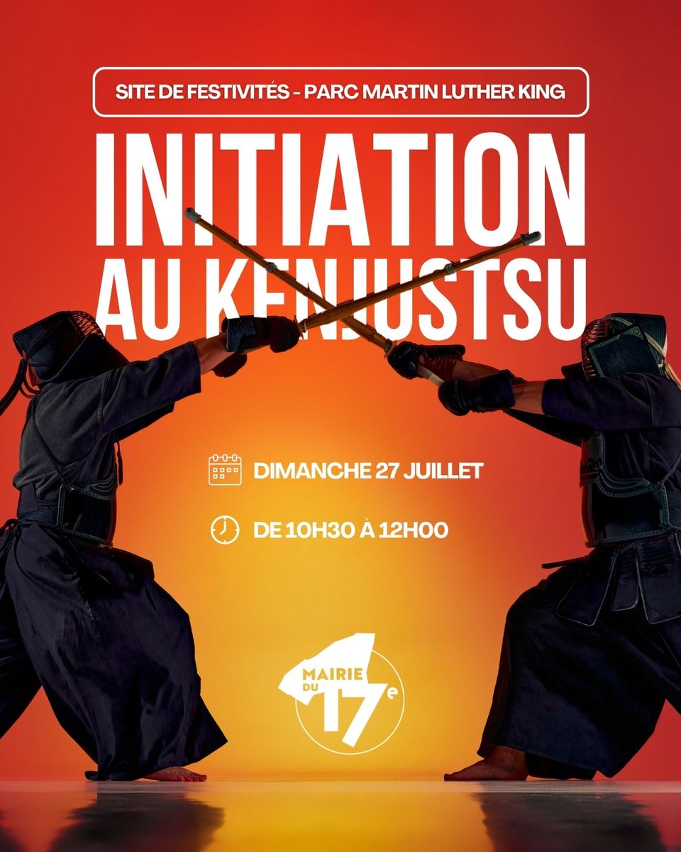 Ce Dimanche 27 juillet, initiez-vous à l’art ancestral du #Kenjutsu, le sabre japonais ! 🇯🇵

L’association Kokyu Ho vous propose une séance découverte gratuite de 10h30 à 12h au #ParcMLK. ⚔️

Venez nombreux ! 👊

#Paris17 #Japon #Été2025 #ArtsMartiaux
