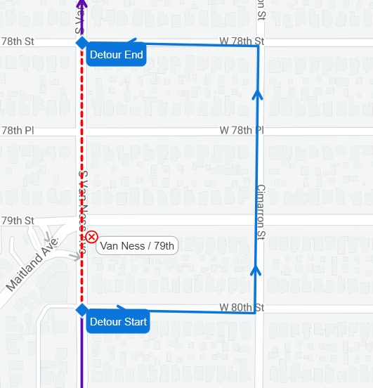metrolaalerts's tweet image. LINE 209: Northbound buses detour from Van Ness to Cimarron between 78th and 80th from June 26 until August 20 between the hours of 7am and 4pm (weekdays only) due to construction.