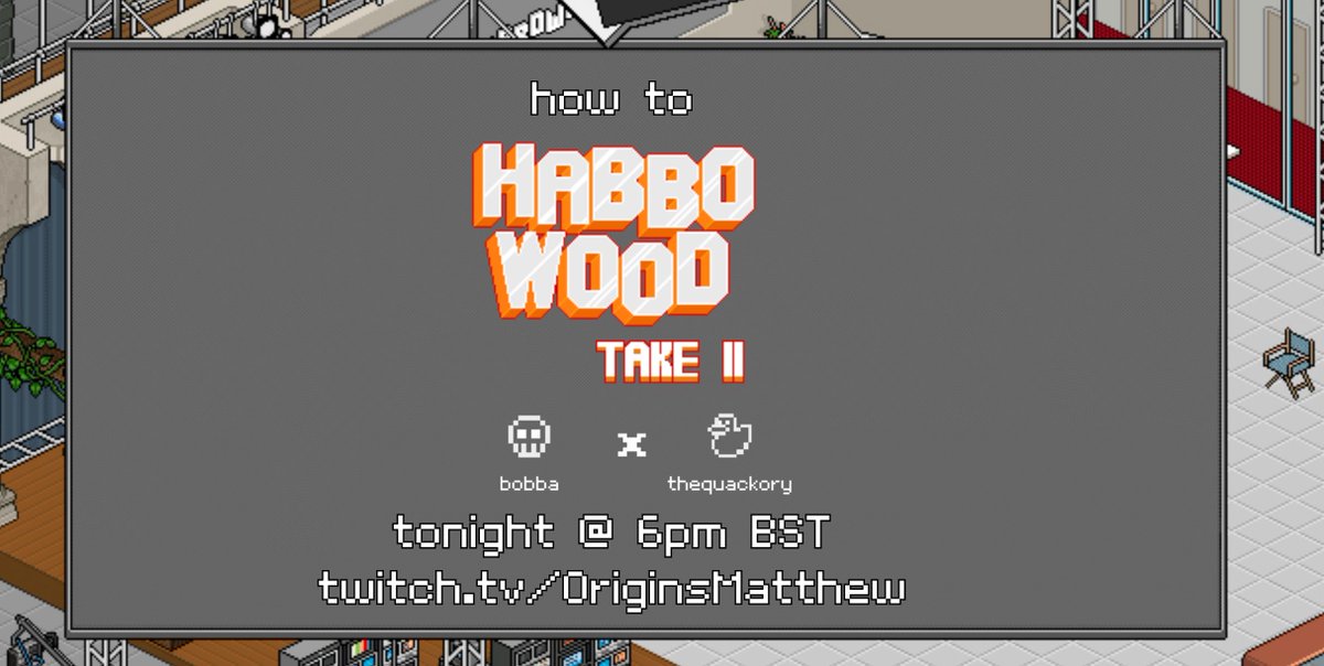 OriginsMatthew's tweet image. Join me tonight at 6pm BST for an exclusive look at the new and improved Habbowood Movie Maker!
We'll look at what's changed and make a small silly movie together!
See you there!
@bobbarkerHabbo x @bobbameofficial
#HabboOrigins
