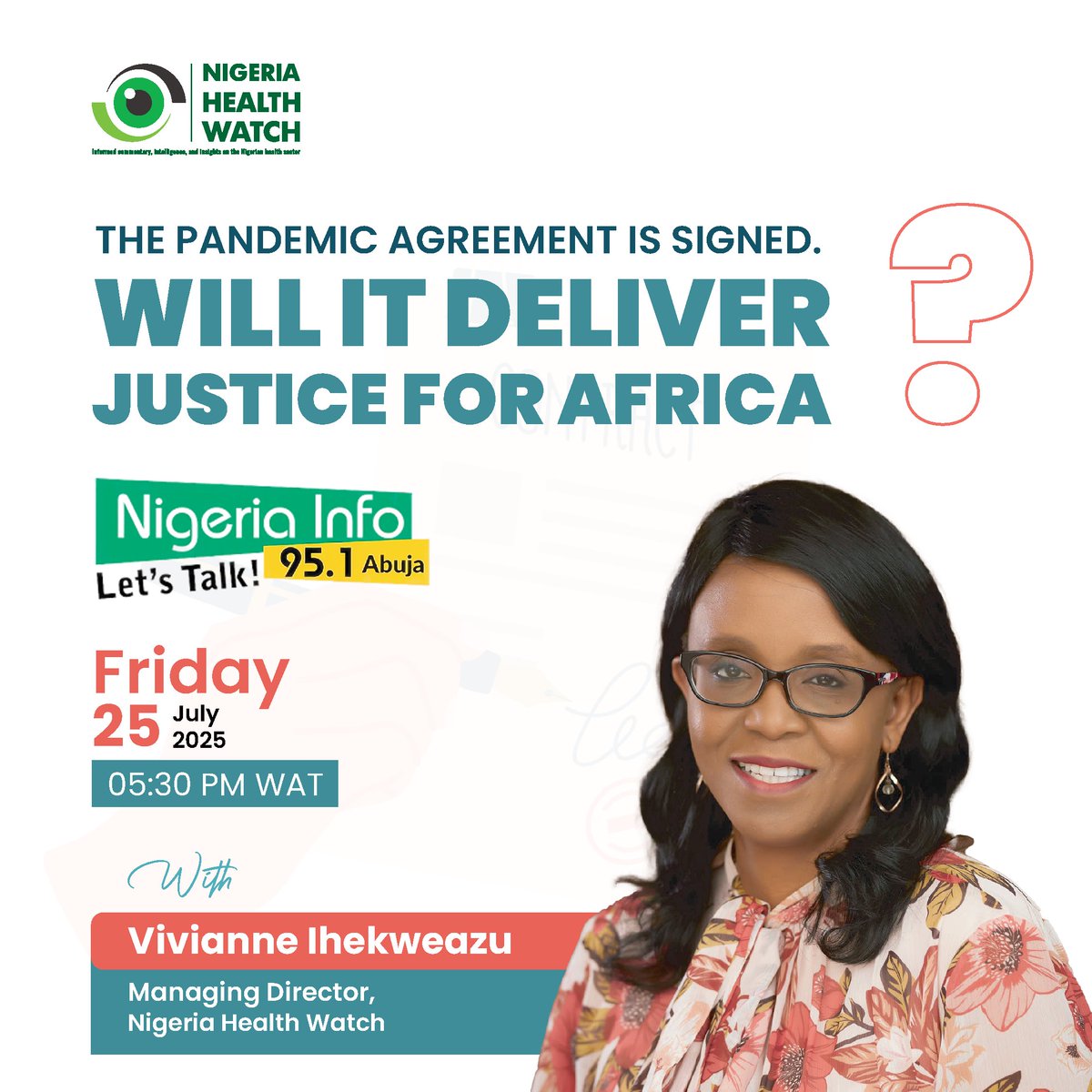 In a few hours, our Managing Director, <a href="/VIhekweazu/">Vivianne Ihekweazu</a>, will be live on <a href="/NigeriaInfoAbj/">NigeriaInfoFMAbuja</a> to unpack what the newly signed Pandemic Agreement means for Africa, and how we can ensure it delivers lasting impact.

Join the conversation today, at 5:30pm. 
Tune in: bit.ly/4lU2mOU