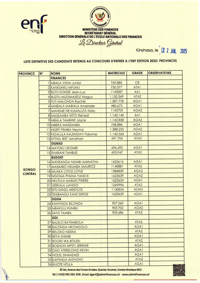ENFRDC's tweet photo. Concours d'entrée à l'ENF.
Les listes des candidats retenus sont disponibles, ainsi que les consignes.

Consultez les documents publiés et respectez scrupuleusement les consignes.
Bonne chance à tous les candidats.

@IgfRdc @financesrdc @Presidence_RDC https://t.co/e350fc4jYJ