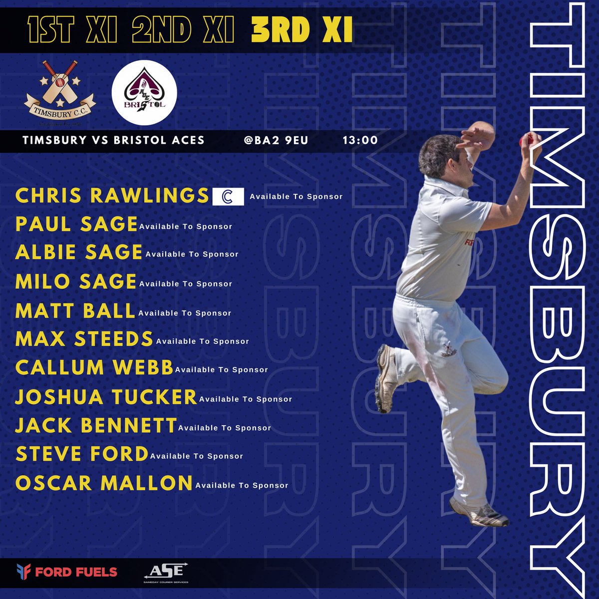 🫡 TEAM NEWS 🫡

Take a look at this weeks senior teams, looking to produce some results 💪

Get down and support if you can 🔥

1st XI 🆚 Bristol West Indies
2nd XI 🆚 Dyrham &amp; Hinton
3rd XI 🆚 Bristol Aces