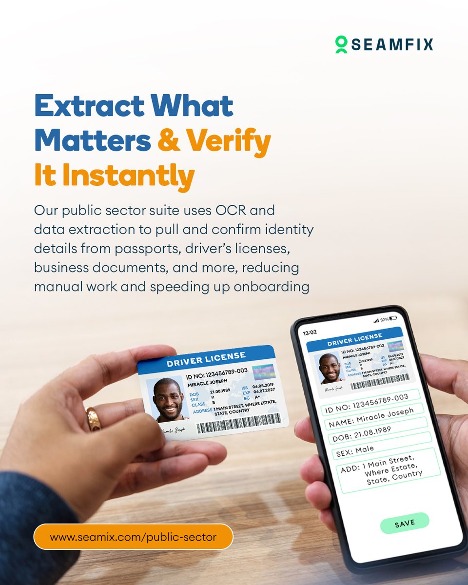 Extract and Verify Instantly and say goodbye to manual data entry! Our Public Sector Suite uses advanced OCR and AI-powered data extraction to instantly pull and verify details from passports, driver’s licenses and other ID documents.

- Reduce errors
- Speed up onboarding
-