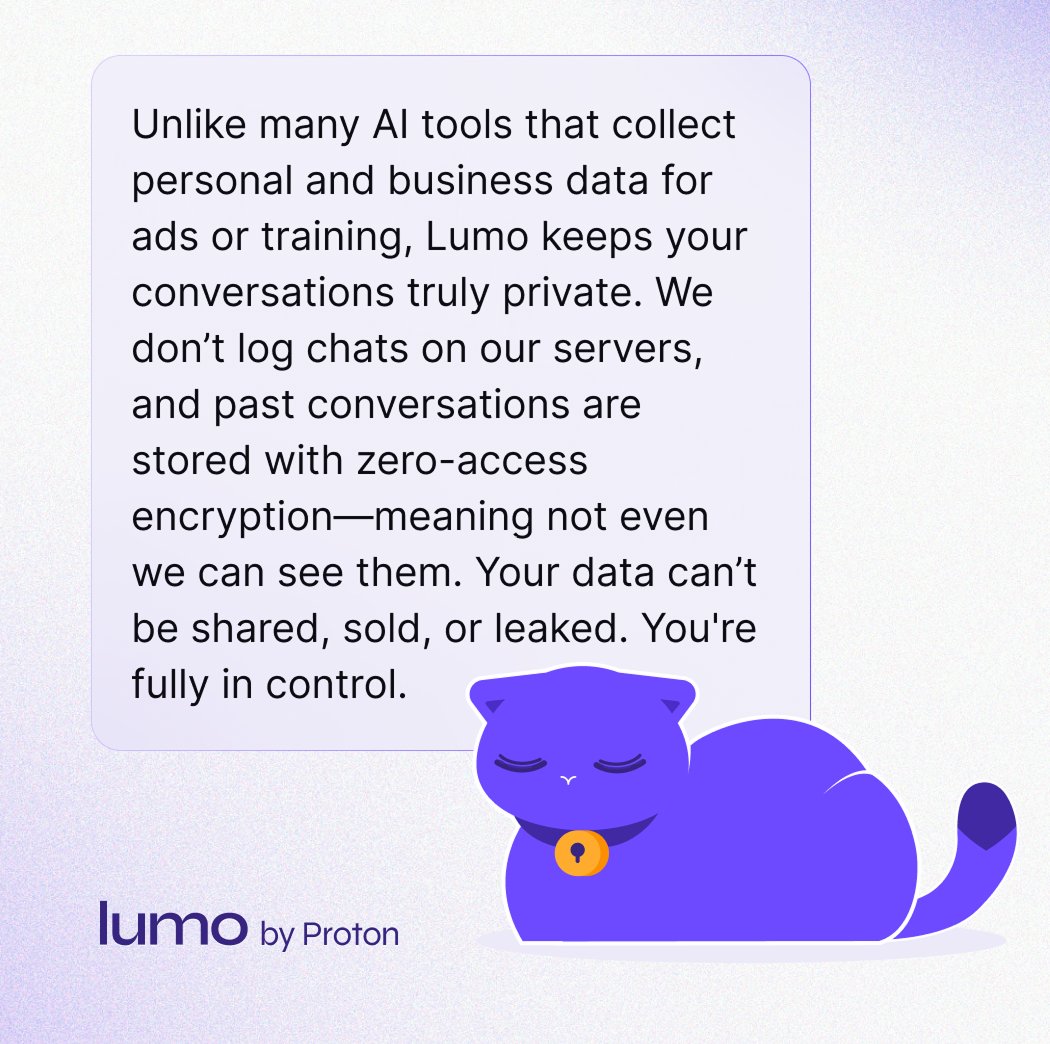 asklumo's tweet image. Want to use AI but donβt want to accept Big Tech-run AI that abuses your privacy and trains models on unsuspecting users? Then Lumo is your answer.
Hereβs whatβs different β¬οΈ