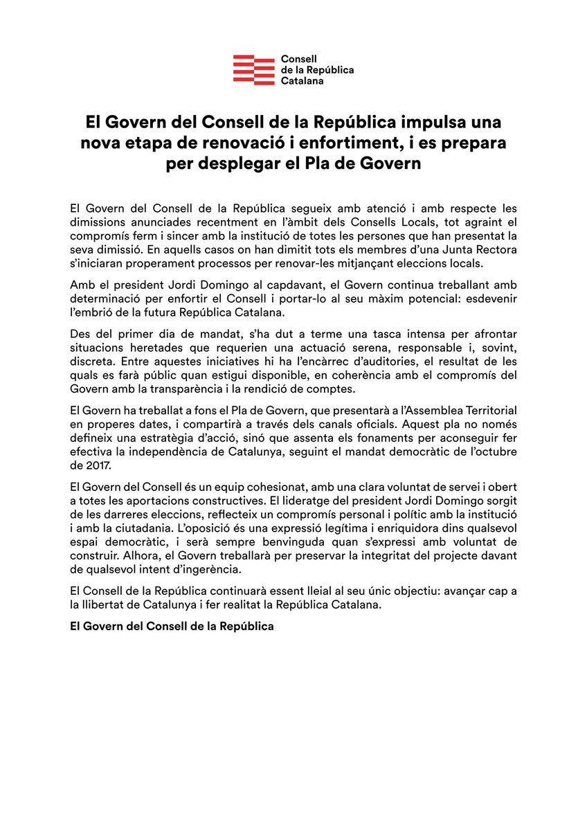 🔴 El Govern del Consell de la República impulsa una nova etapa de renovació i enfortiment, i es prepara per desplegar el Pla de Govern