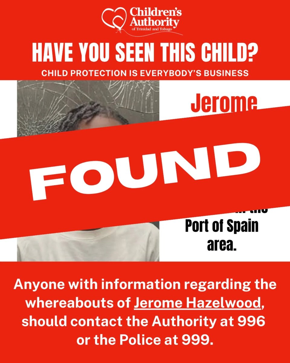 The minor Jerome Hazelwood has been located and is with his family. The Authority thanks you the public for your assistance in this matter.