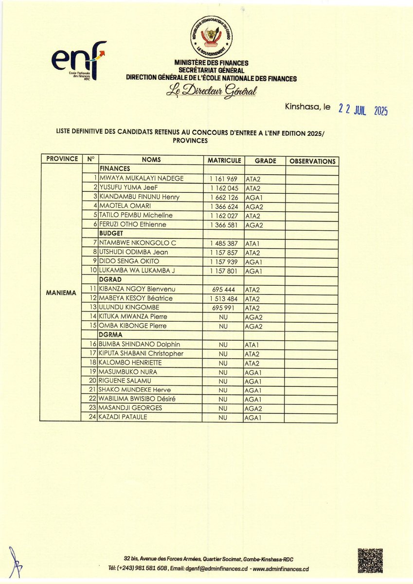 ENFRDC's tweet photo. Concours d'entrée à l'ENF.
Les listes des candidats retenus sont disponibles, ainsi que les consignes.

Consultez les documents publiés et respectez scrupuleusement les consignes.
Bonne chance à tous les candidats.

@IgfRdc @financesrdc @Presidence_RDC https://t.co/D1msfK6w5Z