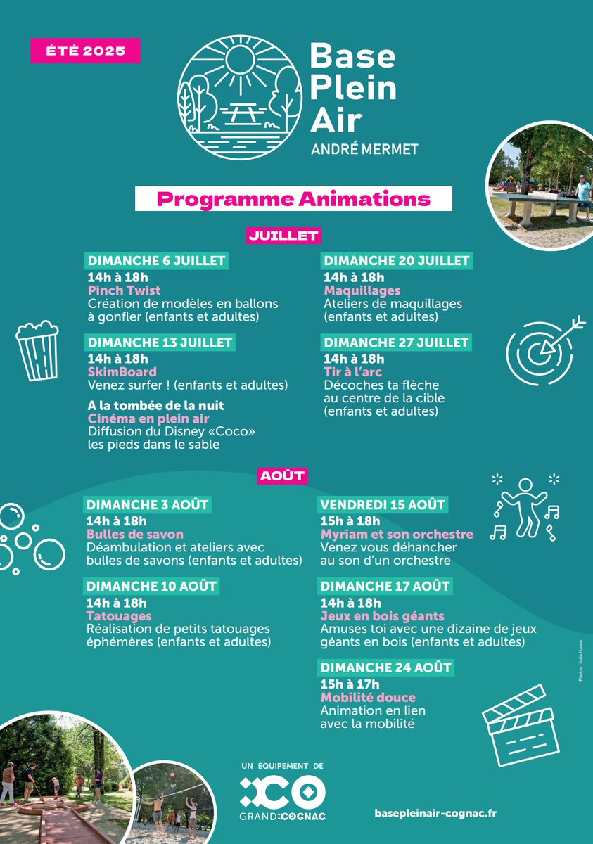 [🌳 BASE PLEIN-AIR] Animez votre été à la base plein-air de #Cognac 🤩
👉 Découvrez les activités proposées pour ce mois d'août !
Plus d'informations et réservations :
📞 05 45 82 46 24
🌐 basepleinair-cognac.fr