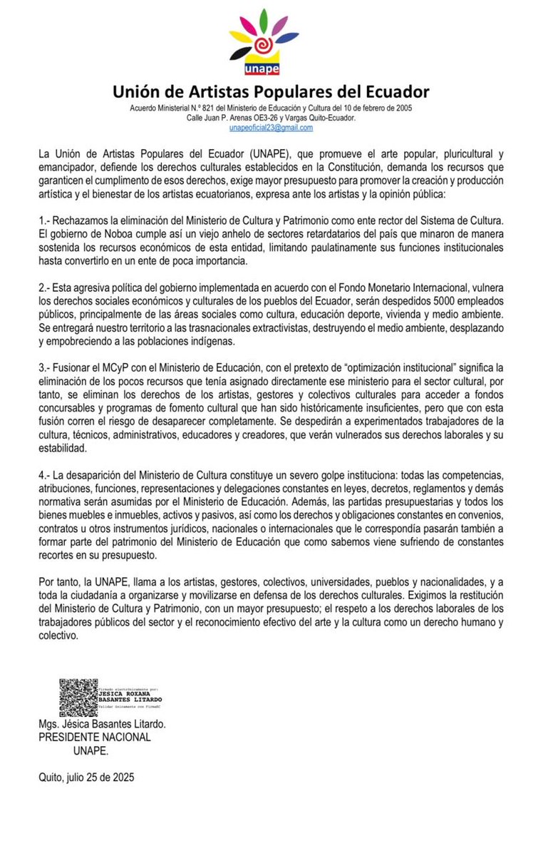 #URGENTE_ULTIMA_HORA #despidosmasivos #DespiertaEcuadorDespierta 

NO-BOA decreto la eliminación del Ministerio de Cultura, y será parte del Ministerio de Educación

Invitamos a participar en el plantón hoy viernes 25 de julio de 2025 hora 5 pm, por los derechos culturales. 🎨🕺