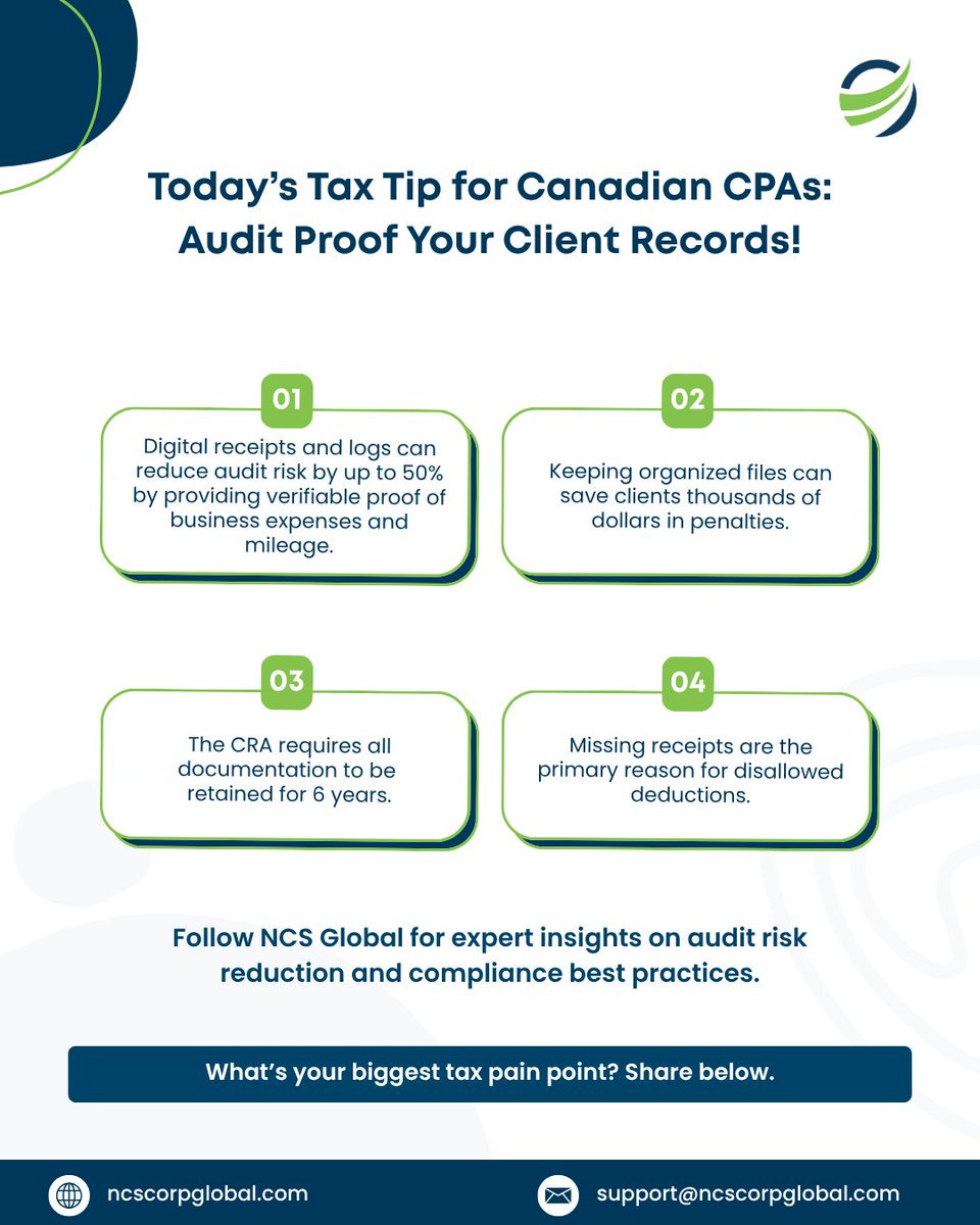NCS_Global_'s tweet image. Effective recordkeeping is the first line of defense during a CRA audit. 

At NCS Global, we help CPAs lead with precision and compliance.
.
.
#TaxStrategy #CRACompliance #AuditSupport #CPAInsights #NCSGlobal
