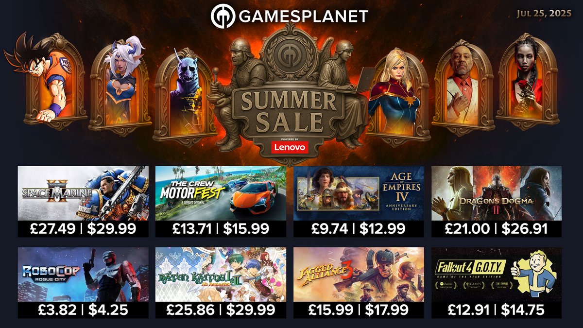 GamesplanetUK's tweet image. 10 Days and over 4000 Deals await with the Gamesplanet Summer Sale in partnership with @LenovoLegion, which is live now. Check out Day 1 Highlights on #SpaceMarine2, #AgeofEmpires4, #RoboCopRogueCity and more! 😉
🔥gamesplanet.com/promo/summersa…
Sale ends August 4th at 1am PT / 9am BST