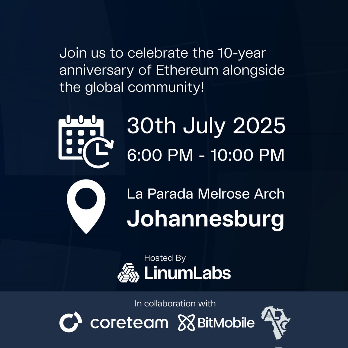 Linum Labs (@linumlabs) on Twitter photo 🎉 Jo’burg! We’re celebrating 10 years of Ethereum and you’re invited! 🇿🇦✨
📍 La Parada Melrose Arch
🗓️ Wed, 30 July | 6PM - 10PM (GMT+2)
🤝 With <a href="/Coreteam_Group/">Coreteam</a>, <a href="/BitMobileTech/">BitMobile Tech</a> & <a href="/africasblock/">Africa's Blockchain Club</a>
RSVP 👉 lu.ma/257iqtka
#Ethereum #Johannesburg #LinumLabs 🎉 Jo’burg! We’re celebrating 10 years of Ethereum and you’re invited! 🇿🇦✨
📍 La Parada Melrose Arch
🗓️ Wed, 30 July | 6PM - 10PM (GMT+2)
🤝 With <a href="/Coreteam_Group/">Coreteam</a>, <a href="/BitMobileTech/">BitMobile Tech</a> & <a href="/africasblock/">Africa's Blockchain Club</a>
RSVP 👉 lu.ma/257iqtka
#Ethereum #Johannesburg #LinumLabs