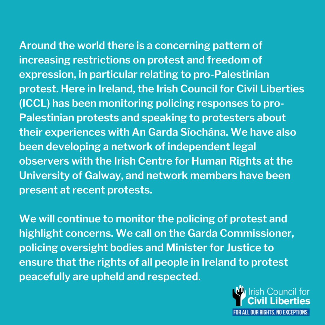 It is crucial to our democracy that protest is facilitated and our rights to assemble and express our opinions are protected.

As we witness genocide in Gaza, ICCL calls on the Garda Commissioner, policing oversight bodies and Justice Minister to ensure these rights are upheld.