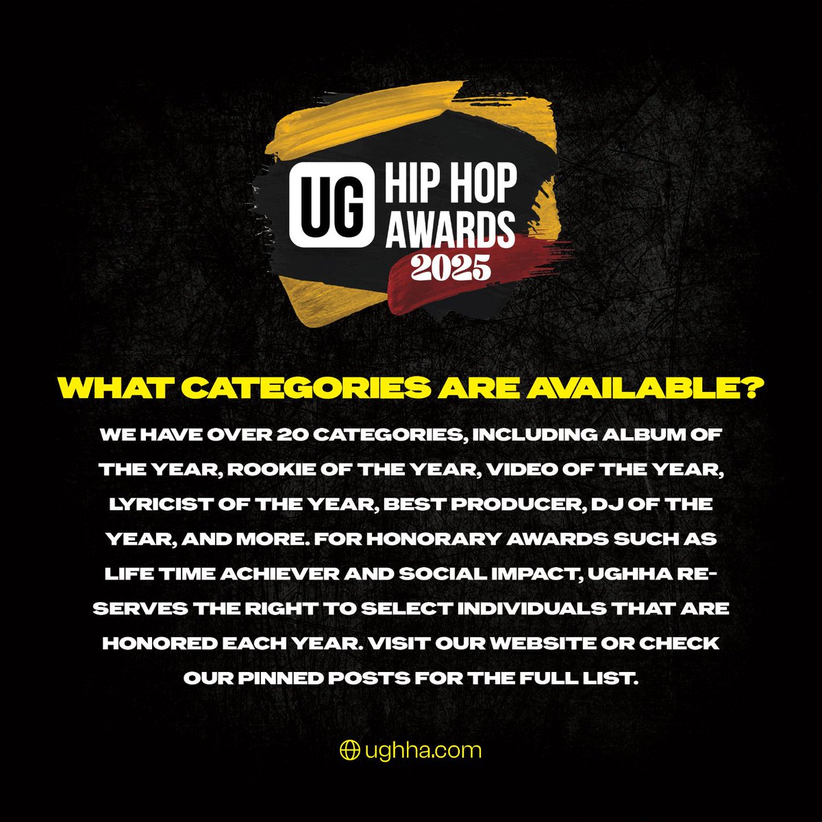officialughha's tweet image. #UGHIPHOPAWARDSCategories
❓What categories are available?
A: We have 20 categories such as Video of year, Album of the year and many others.
#UGHIPHOPAWARDS2025
Full list available via ughha.com