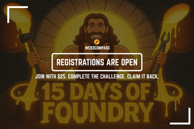audaciousSneha's tweet image. 15 Days of Foundry registrations are live on the website. Register:web3compass.xyz/foundry-challe…
Stake $25 to participate, crush the challenge with consistency, and claim the amount back.