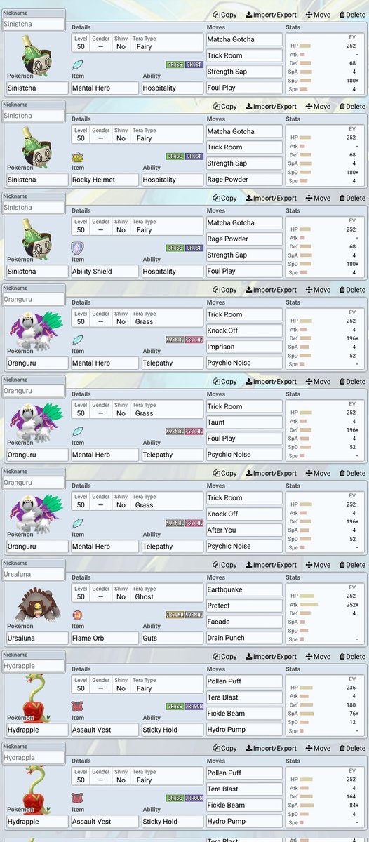 Hello everyone, I've looked at this pokemon champions link and thought since I'm a hard trickroom player I wanted to see which pokemon can be found in this link and I found some good trickroom pokemon, here are the builds that I think are suitable for it
champions.pokemon.com/en-us/