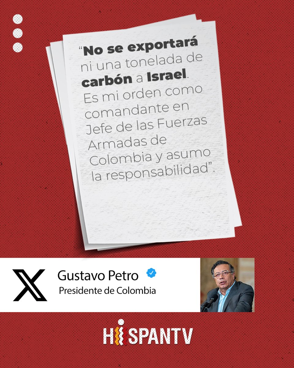 Nexo_Latino's tweet image. 🔴🇨🇴 Petro ordena a la Armada detener barcos que lleven carbón a Israel
🔸 El presidente de #Colombia prohibió la exportación de carbón a los territorios ocupados como una medida de protesta contra los ataques del régimen israelí en #Gaza
🔗 👉 tinyurl.com/2t8ec5y4