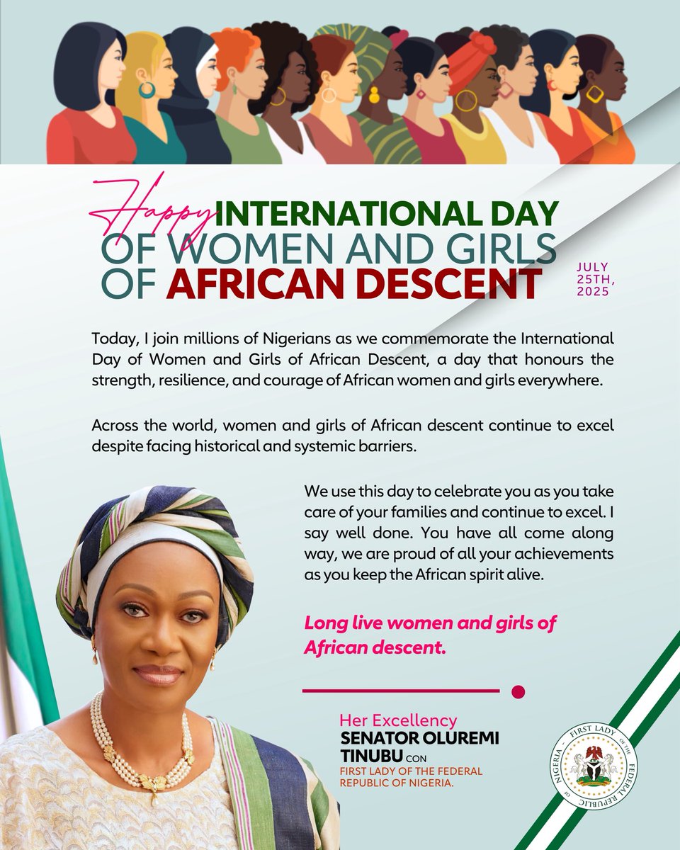 SenRemiTinubu's tweet image. Today, I join millions of Nigerians as we commemorate the International Day of Women and Girls of African Descent, a day that honours the strength, resilience, and courage of African women and girls everywhere.
Across the world, women and girls of African descent continue to…
