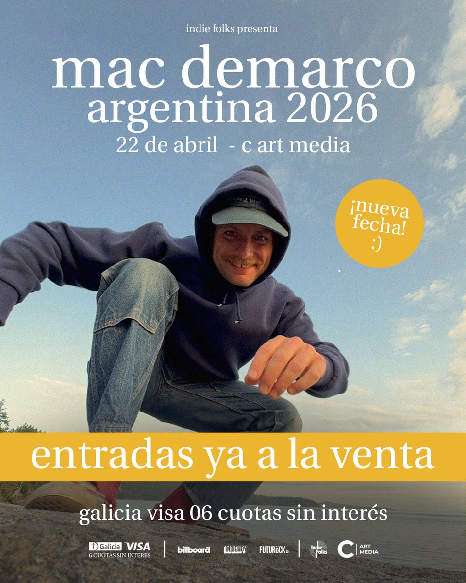 ¡YA ESTÁN A LA VENTA LAS ENTRADAS!
Para la segunda fecha de Mac DeMarco 💛🇦🇷
22 DE ABRIL @ C ART MEDIA #MacDeMarco 

🐶 Todos los medios de pago.
💳 06 cuotas sin interés con Galicia Visa.
🔗 passline.com/eventos/mac-de…