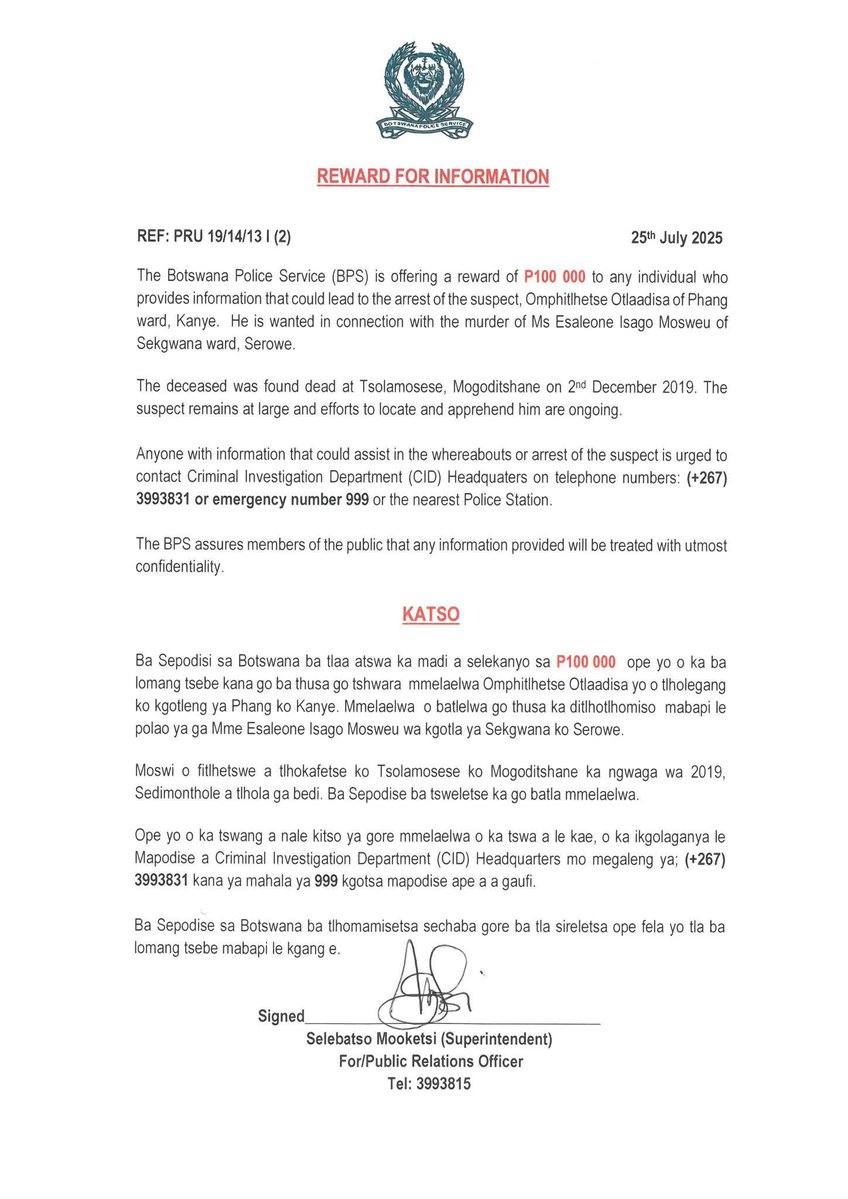 PublicIntrestBW's tweet image. BOTSWANA POLICE LOOKING FOR MURDER SUSPECT