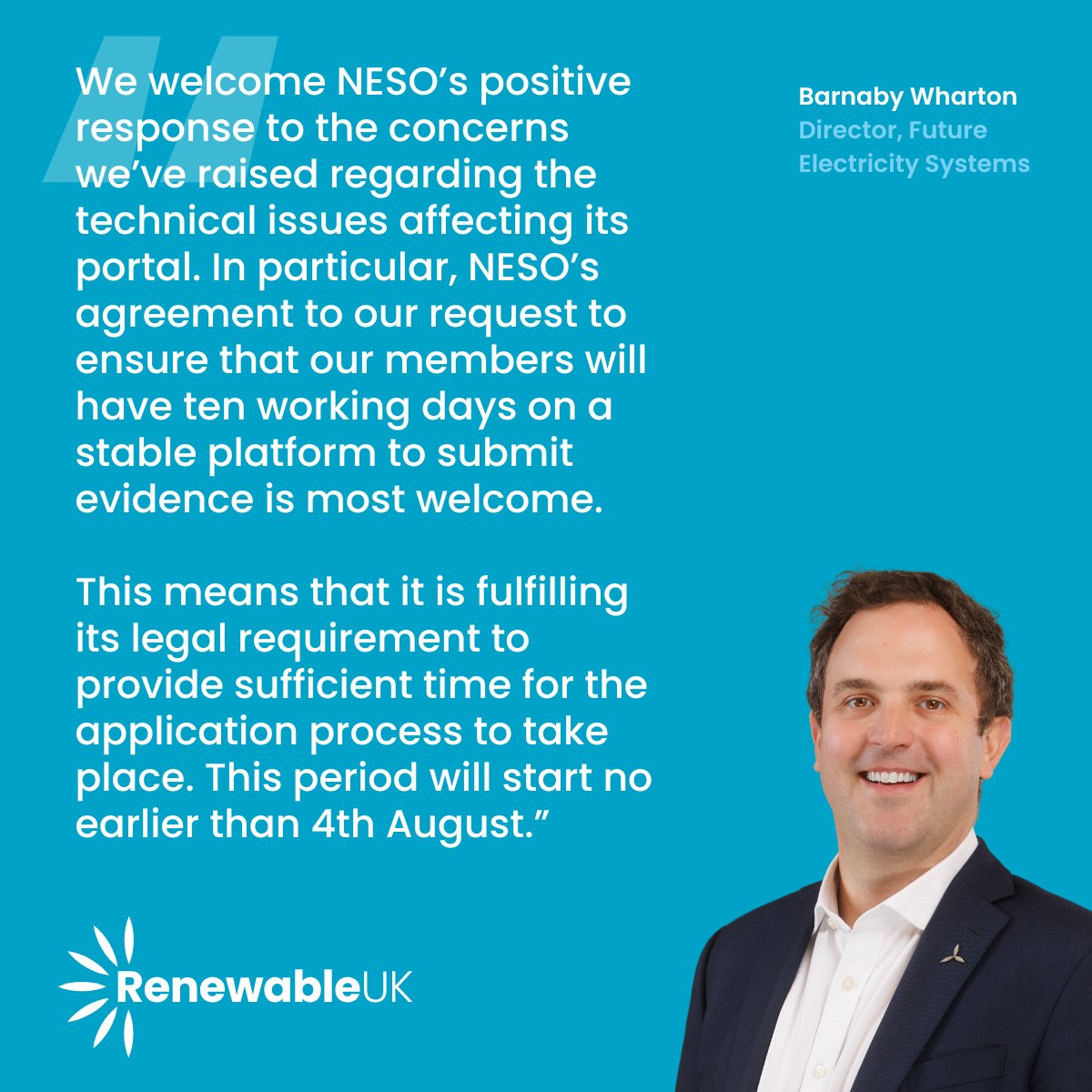 RenewableUK's tweet image. Today the @neso_energy confirmed it will be providing a ten working day window for submissions to its 'Connections Reform evidence portal', once it considers the portal to be stable. This will start no earlier than Monday 4 August, and reflects NESO's obligations under the…