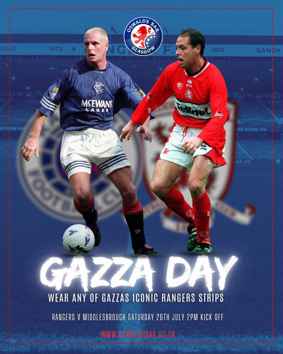 OswaldsBar's tweet image. 😂 If anyone turns up like this tomorrow to our Gazza day then all your drinks are on us 🤝
Rangers v Middlesbrough lets celebrate the one and only Paul Gascoigne..a true icon for both clubs. 💙❤️
👕 Wear one of Gazza’s iconic Rangers shirts and we’ll give you a FREE SHOT to…