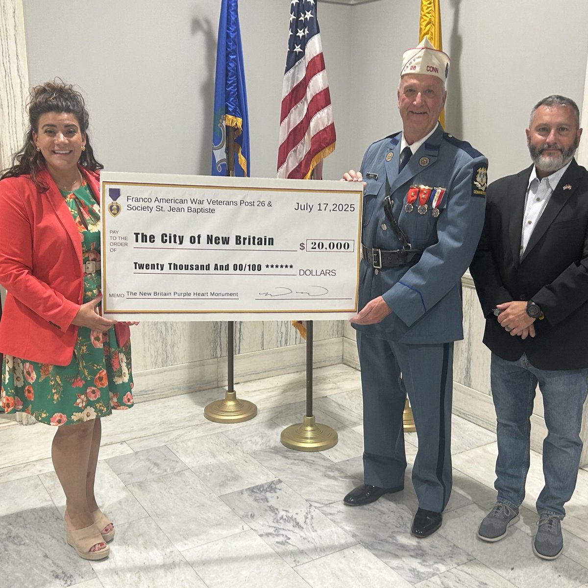 On behalf of the City of #NewBritain, I was honored to accept an incredibly generous $20K donation from the Franco-American War Veterans Post 26 and Society St. Baptiste that will allow us to add a monument in Central Park honoring the courageous military members who have