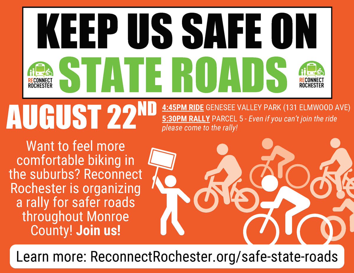 ROCcycling's tweet image. We are 4 weeks out from our bike rally! If you want a more bikeable Monroe County, join us on August 22nd. reconnectrochester.org/safe-state-roa… #ROC #RochesterNY