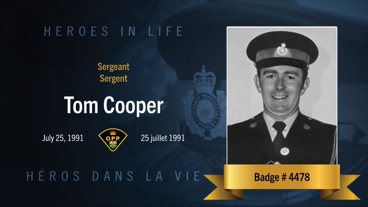OPPCommissioner's tweet image. On July 25, 1991, OPP Sergeant Tom Cooper was killed in the line of duty. His life and sacrifice will always be remembered. #HeroesInLife
-
Le 25 juillet 1991, sergent Tom Cooper de la Police provinciale de l’Ontario a été tué dans l'exercice de ses fonctions. Nous nous…