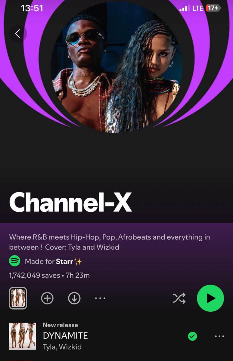 Esther_oflfc's tweet image. Tyla and Wizkid grace the cover of Spotify Channel-X playlist with “Dynamite” at #1