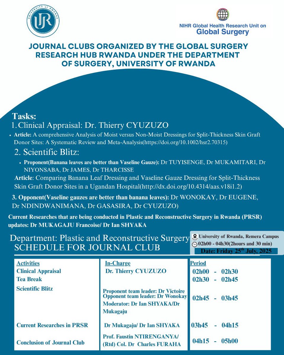 GSU_Rwanda's tweet photo. Happening 📌
A journal club for students in the #department of #PlasticandReconstructiveSurgery at @Uni_Rwanda in the college of @UCmhs organized by @GSU_Rwanda @NIHR_GSU @ughe_org @HospitalChuk @Fostino21 @ijea2000 https://t.co/6yY9B9TzIx