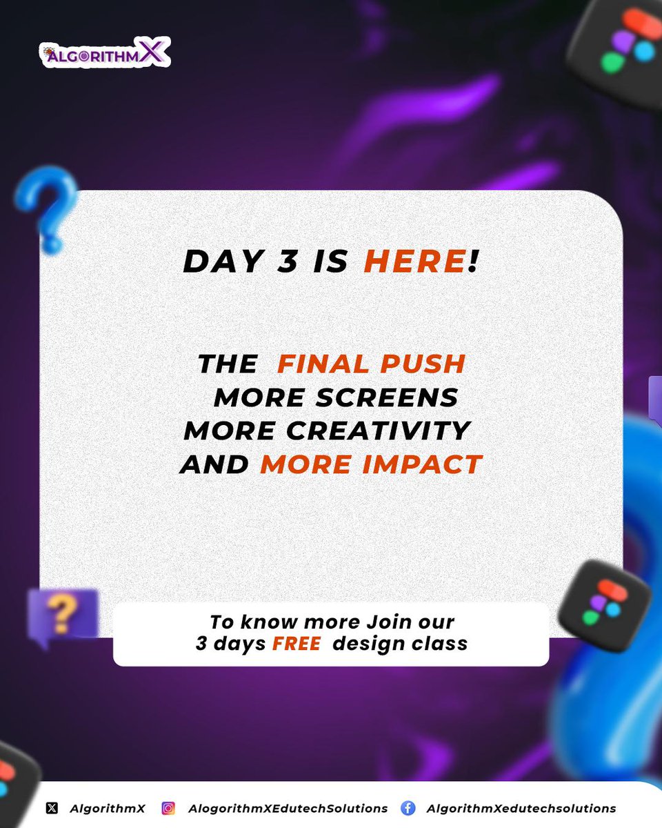 AlgorithmX_124's tweet image. 🚀 Today, we’re creating multiple screens, building full interfaces, and wrapping up with practical, real-world designs.
You’ve come this far — let’s finish strong!
📱 More screens
🎨 More creativity
🧠 More skills
🔥 One final push
#AlgorithmX #Day3 #UIUXDesign #FinalDay #Figma