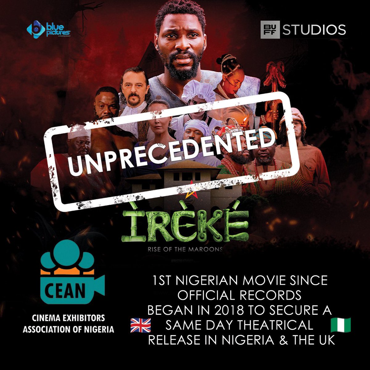 TheBuffStudios's tweet image. A new chapter in Nollywood begins today with the history making “Ireke: Rise of the Maroons”.
The first Nigerian indigenous movie to premiere at the Cannes film market AND the first Nigerian movie (all-time) to secure a same day theatrical release in Nigeria and the UK.
BUFF…