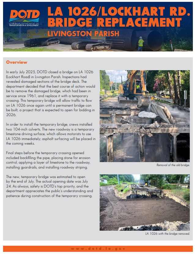 La_DOTD's tweet image. LIVINGSTON PARISH- Take a look at a timeline and brief summary of the work done by DOTD crews to remove the damaged bridge at LA 1026/Lockhart Rd. and replace it with a temporary crossing.