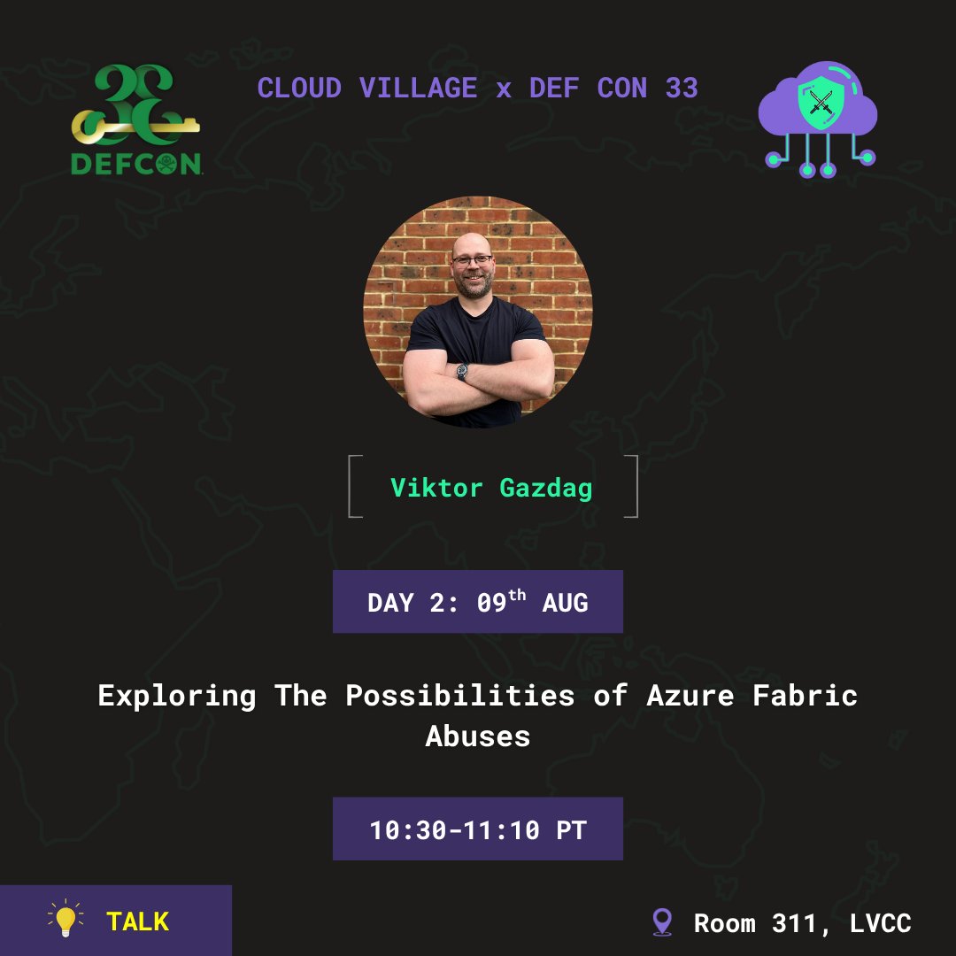 cloudvillage_dc's tweet image. 🧠 Let’s talk Azure internals — and how to bend them to your will.
Pumped to welcome @wucpi to Cloud Village @DEFCON 33!
He’s presenting: “Exploring The Possibilities of Azure Fabric Abuses” 🔧
📍 Room 311, LVCC
🗓️ Aug 9 | 🕥 10:30–11:10 AM PT
🔗 cloud-village.org/dc33…
