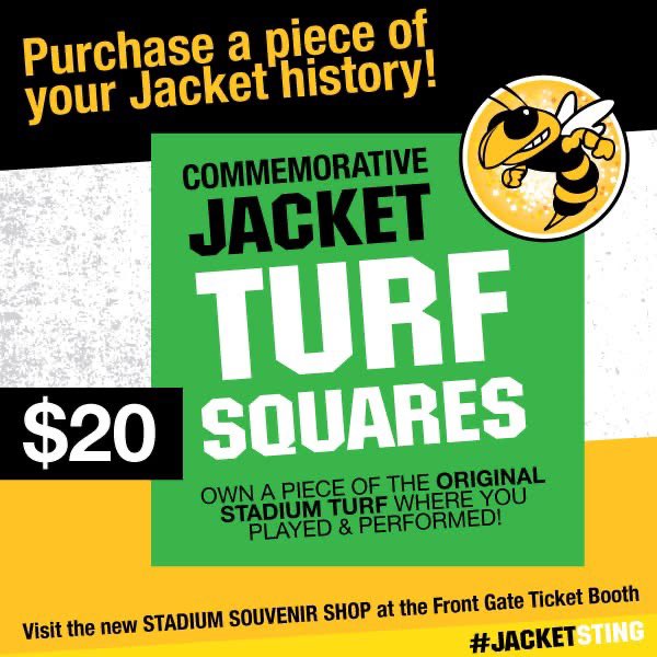 SAVE THE DATE… Join us for Meet the Jackets for Fall Sports on Friday, August 15 at 6pm at the newly renovated Yellow Jacket Stadium! Be sure to visit our Souvenir Shop and purchase your commemorative Turf Square to own a piece of the original turf!
#JacketSting