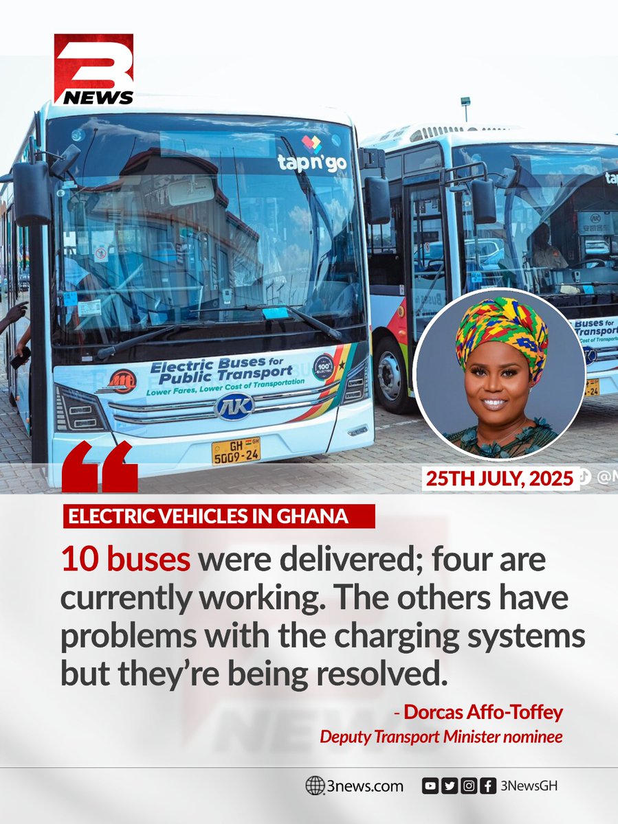 3NewsGH's tweet image. Deputy Transport Minister nominee, Dorcas Affo-Toffey, has revealed that 10 electric buses have been delivered, with only 4 currently operational.
The rest are facing charging system issues, but she assures the problems are being resolved.
#3NewsGH
