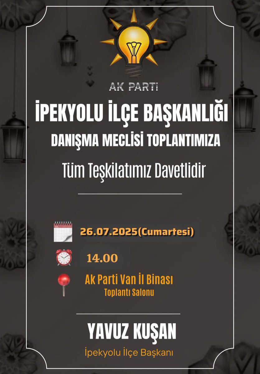 İPEKYOLU İLÇE KADIN KOLLARI BAŞKANLIĞI (@ipekyoluakkdn) on Twitter photo AK Parti İpekyolu İlçe Teşkilatı olarak, 26 Temmuz Cumartesi saat 14.00'te Van il başkanlığımızın toplantı salonunda Genişletilmiş İlçe Danışma Meclisi Toplantımızı gerçekleştireceğiz. Tüm teşkilat mensuplarımızı bekliyoruz!
<a href="/tugbaisikercan/">Tuğba IŞIK ERCAN</a> <a href="/AKKADINGM/">AK Parti Kadın Kolları</a> AK Parti İpekyolu İlçe Teşkilatı olarak, 26 Temmuz Cumartesi saat 14.00'te Van il başkanlığımızın toplantı salonunda Genişletilmiş İlçe Danışma Meclisi Toplantımızı gerçekleştireceğiz. Tüm teşkilat mensuplarımızı bekliyoruz!
<a href="/tugbaisikercan/">Tuğba IŞIK ERCAN</a> <a href="/AKKADINGM/">AK Parti Kadın Kolları</a>