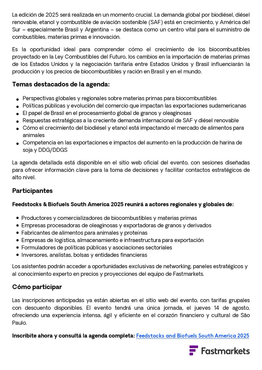 🌱 Fastmarkets lanza su 1ª conferencia de biocombustibles y materias primas en Sudamérica. Será el 14/8 en São Paulo y analizará el rol clave de 🇧🇷 y 🇦🇷 en los mercados globales.

🤝 CIARA es partner oficial del evento.

🔗Agenda e inscripción: goo.su/hHf2