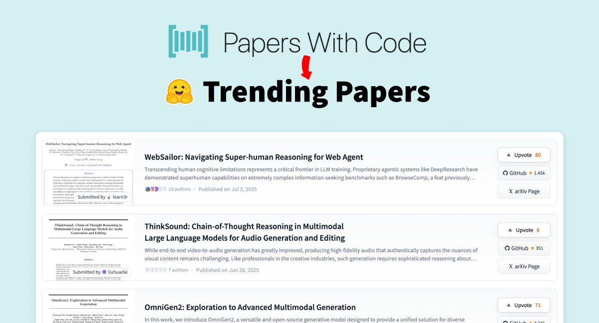 AK (@_akhaliq) on Twitter photo Hugging Face just dropped Trending Papers
partnered with <a href="/AIatMeta/">AI at Meta</a> and <a href="/paperswithcode/">Papers with Code</a> to build a successor to papers with code (which was sunsetted yesterday)
HF papers provides a new section for the community to follow trending Papers, linked to their code implementations Hugging Face just dropped Trending Papers
partnered with <a href="/AIatMeta/">AI at Meta</a> and <a href="/paperswithcode/">Papers with Code</a> to build a successor to papers with code (which was sunsetted yesterday)
HF papers provides a new section for the community to follow trending Papers, linked to their code implementations
