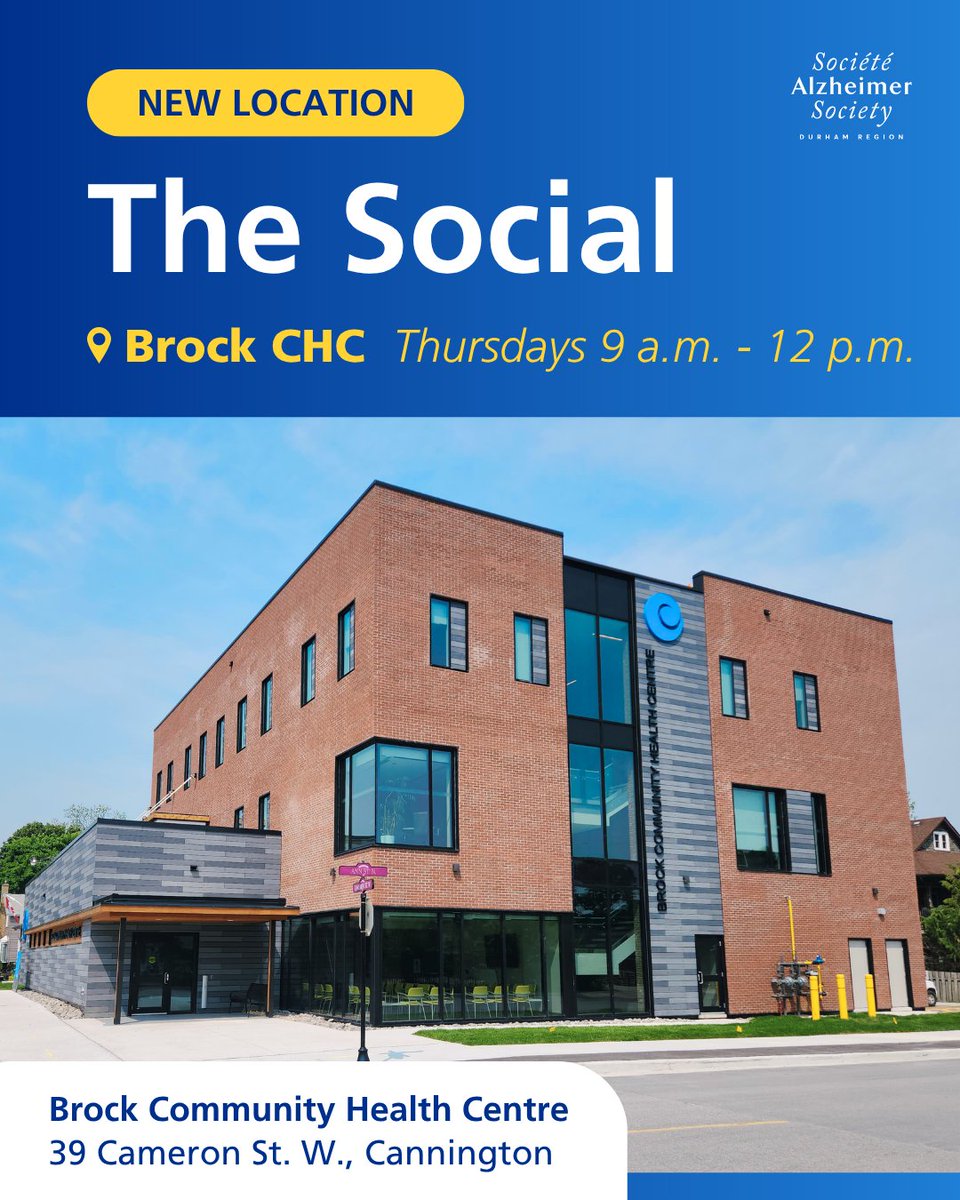 The Social is now running at the Brock CHC's new location in #Cannington! 

We’re excited for this growing partnership &amp; the opportunity to work together to support individuals living with dementia &amp; their care partners in North Durham.

905-576-2567 | intake@alzheimerdurham.com