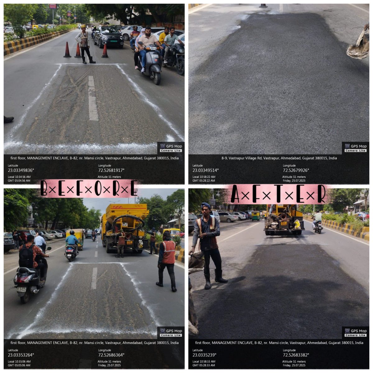 AmdavadAMC's tweet image. AMC continues citywide road maintenance with patchwork work carried out across various wards to enhance driving comfort, improve road safety, and ensure smoother daily travel for all citizens.

#RoadSafetyFirst #SmoothTravel #AMCRoadWork #RoadRepair #PatchworkDrive…