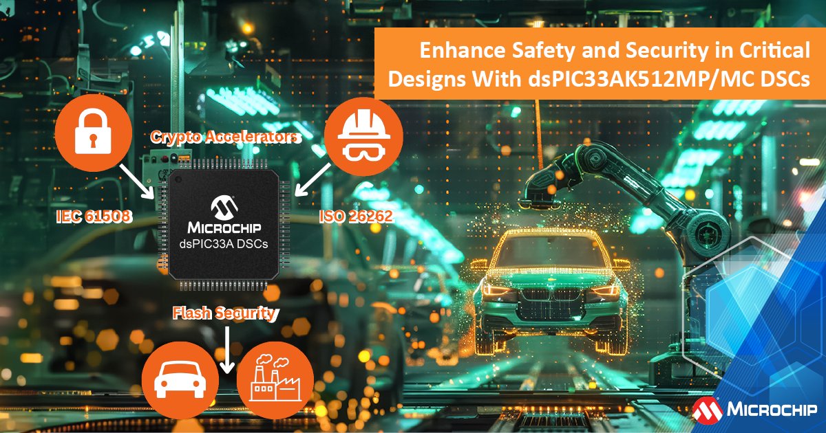 MicrochipTech's tweet image. dsPIC33AK512MP DSCs provide crypto accelerators, Flash security and hardware safety, meeting ISO 26262 and IEC 61508 for secure, safety-critical applications. Learn more: mchp.us/3TWCNAo. #Microcontrollers #Security #FunctionalSafety #Industrial #Automotive