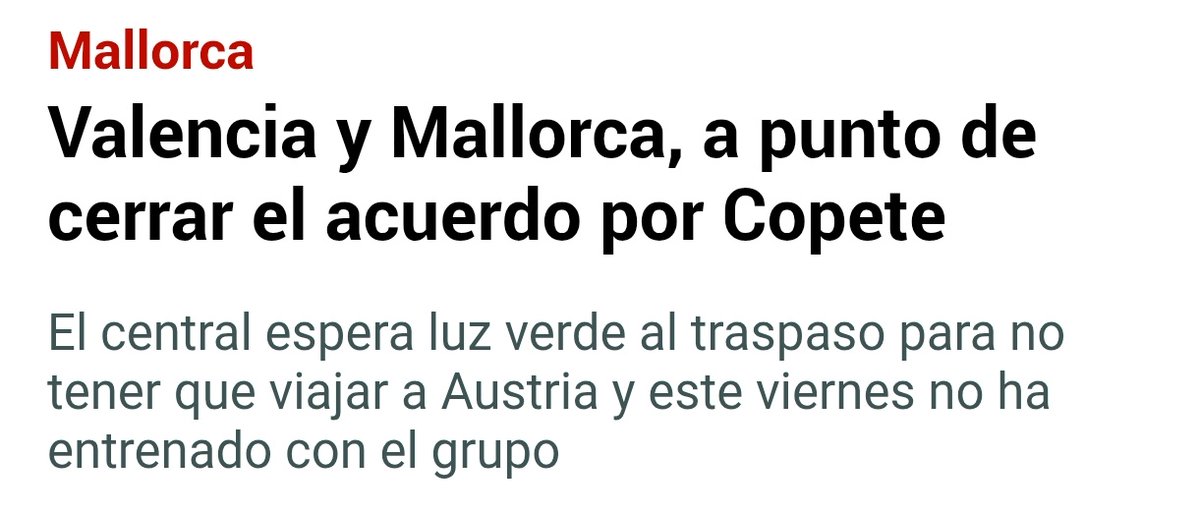 Golmunio Mallorca 𝕏 (@golmuniorcdm) on Twitter photo 📝 #LaLiga | <a href="/RCD_Mallorca/">RCD Mallorca</a> y <a href="/valenciacf/">Valencia CF</a>, cerca de un 𝗔𝗖𝗨𝗘𝗥𝗗𝗢 para el traspaso de Copete.
✅ | El <a href="/GolmunioVCF1/">Golmunio Valencia 𝕏</a> mejoró su oferta.
▪️ Se espera que no viaje al stage en 🇦🇹.
❌ | Hoy no ha entrenado con todo el grupo.
💬 | <a href="/JUANMISB97/">Juanmi Sánchez</a> 📝 #LaLiga | <a href="/RCD_Mallorca/">RCD Mallorca</a> y <a href="/valenciacf/">Valencia CF</a>, cerca de un 𝗔𝗖𝗨𝗘𝗥𝗗𝗢 para el traspaso de Copete.
✅ | El <a href="/GolmunioVCF1/">Golmunio Valencia 𝕏</a> mejoró su oferta.
▪️ Se espera que no viaje al stage en 🇦🇹.
❌ | Hoy no ha entrenado con todo el grupo.
💬 | <a href="/JUANMISB97/">Juanmi Sánchez</a>