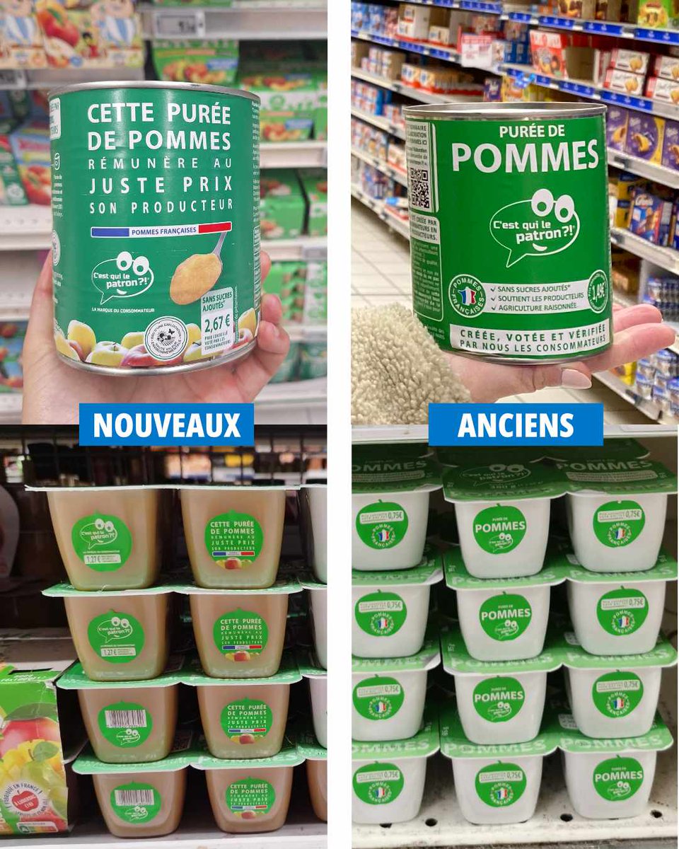 Nouveaux emballages pour notre purée de pommes solidaire ✨🍏😊 
 
Les deux formats (les 4 pots de 95 g et la conserve de 840 g) changent d’étiquette afin de rendre justice à leur qualité ! Car nous avons voté de super critères pour cette purée de pommes solidaire 👍👇 
 
👉