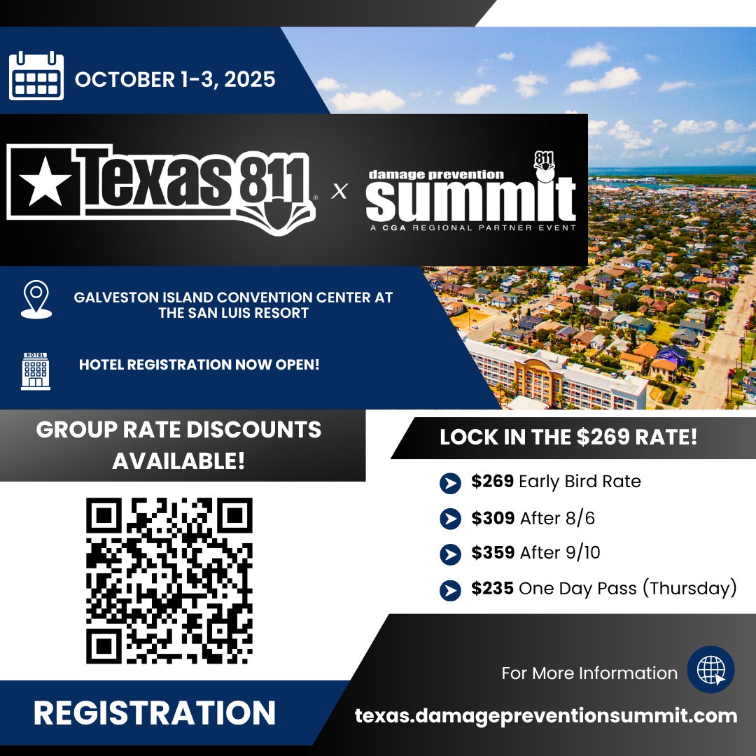 texas811's tweet image. You know you’re going. Might as well save some money. Register before 8/6 to get the $269 rate. Hotel’s open, group discounts are live—let’s go.

texas.damagepreventionsummit.com